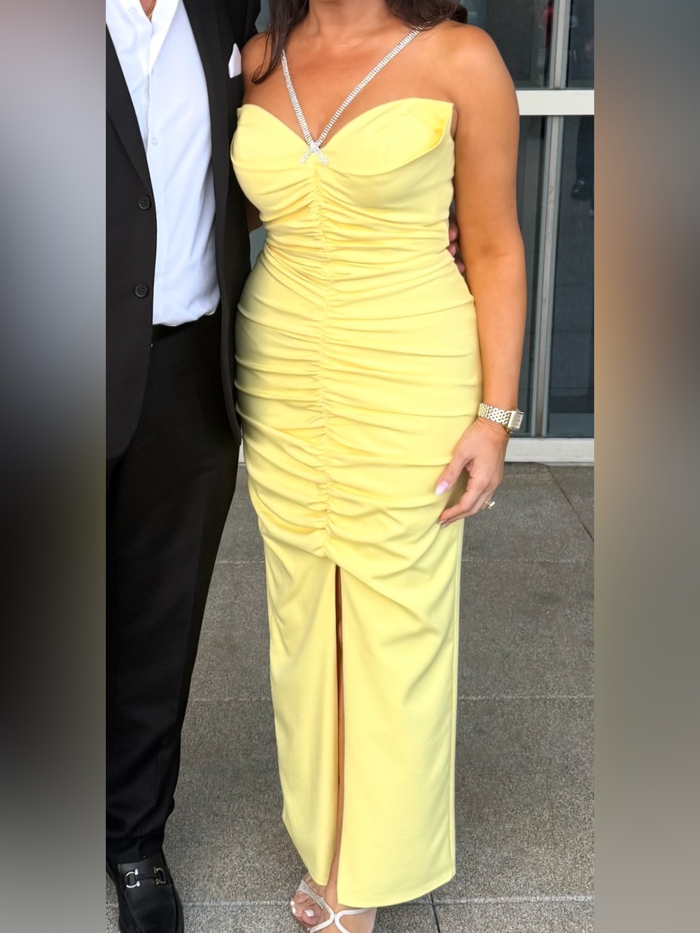 Elegant Yellow Ruched Evening Dress with Crystal-Strap Detail